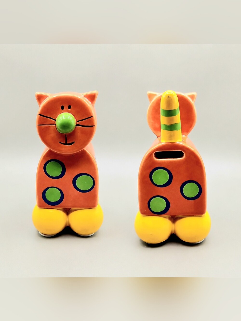 Vintage Pop Art Whimsical Ceramic Orange Cat Coin Bank